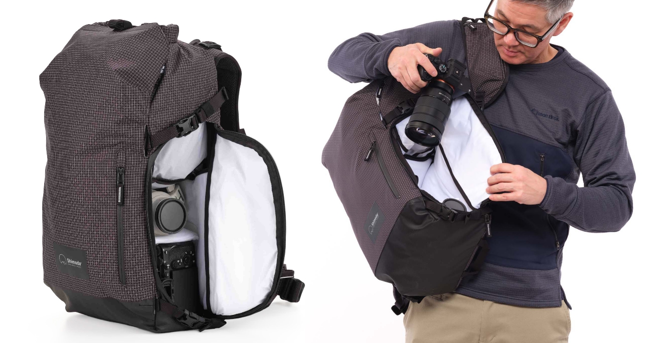 Быстрый доступ к фотокамере с объективом в фоторюкзаке Shimoda Sidecountry 28 Starter