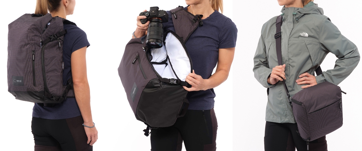 Варианты использования фоторюкзака Shimoda Sidecountry 28 Women's Black/White без сумки и с сумкой Shimoda Top Loader
