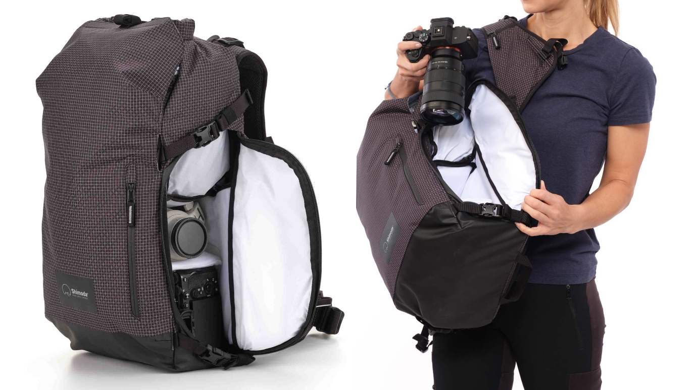 Быстрый доступ к фотокамере с объективом в фоторюкзаке Shimoda Sidecountry 28 Women's Starter Kit B/W 520-353