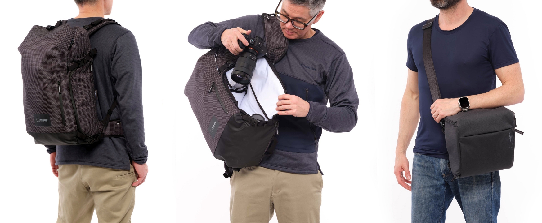 Варианты использования фоторюкзака Shimoda Sidecountry 32 Black/White 520-354 без сумки и с сумкой Shimoda Top Loader