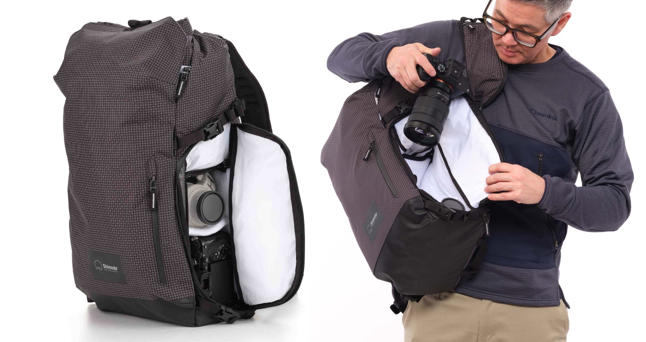 Быстрый доступ к фотокамере с объективом в фоторюкзаке Shimoda Sidecountry 32 Starter Kit Black/White 520-355