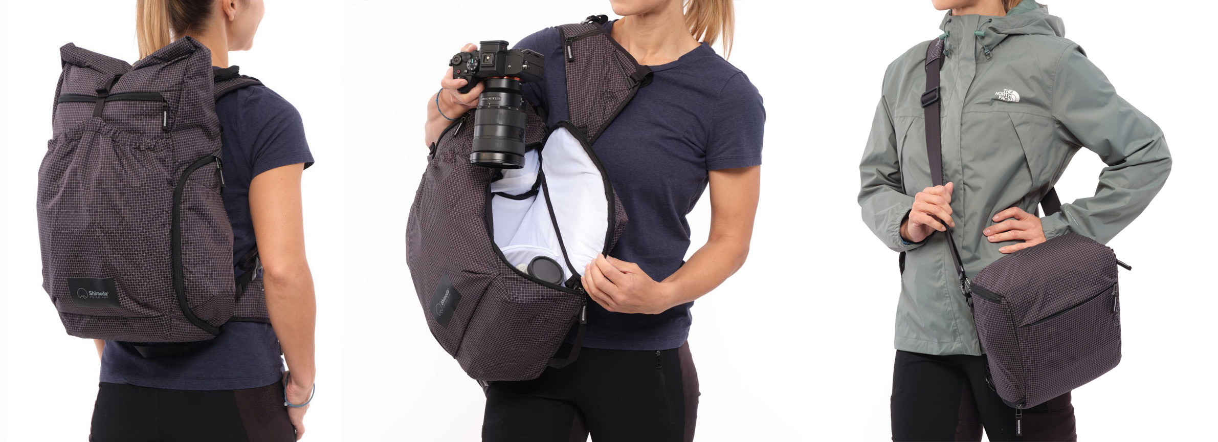 Варианты использования фоторюкзака Shimoda Side Lite 22 Women's Black/White 520-372 без сумки и с сумкой Shimoda Top Loader