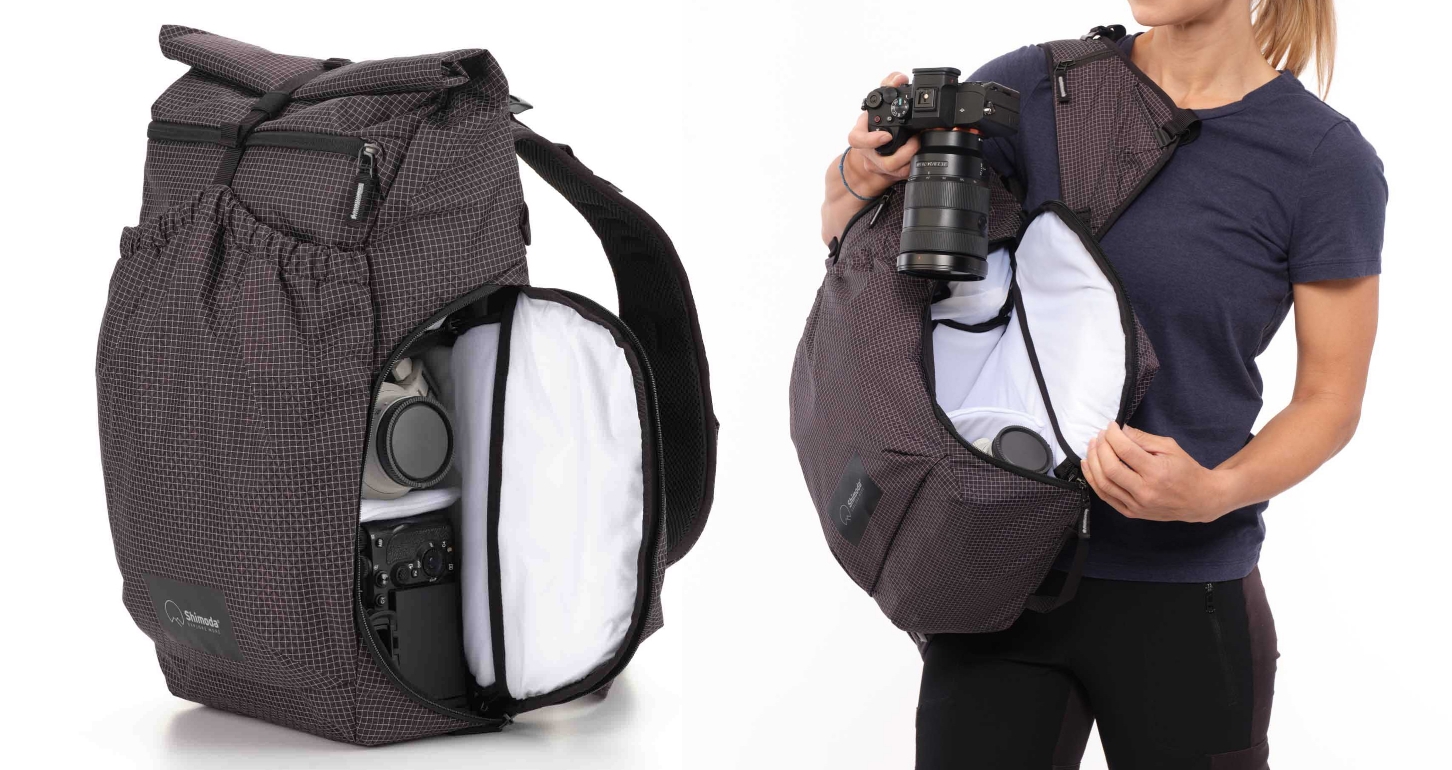 Быстрый доступ к фотокамере с объективом в фоторюкзаке Shimoda Side Lite 22 Women's Starter Kit B/W 520-373